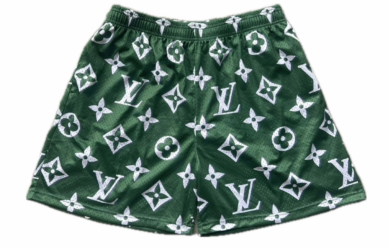 White/Green LV Print Gym Shorts