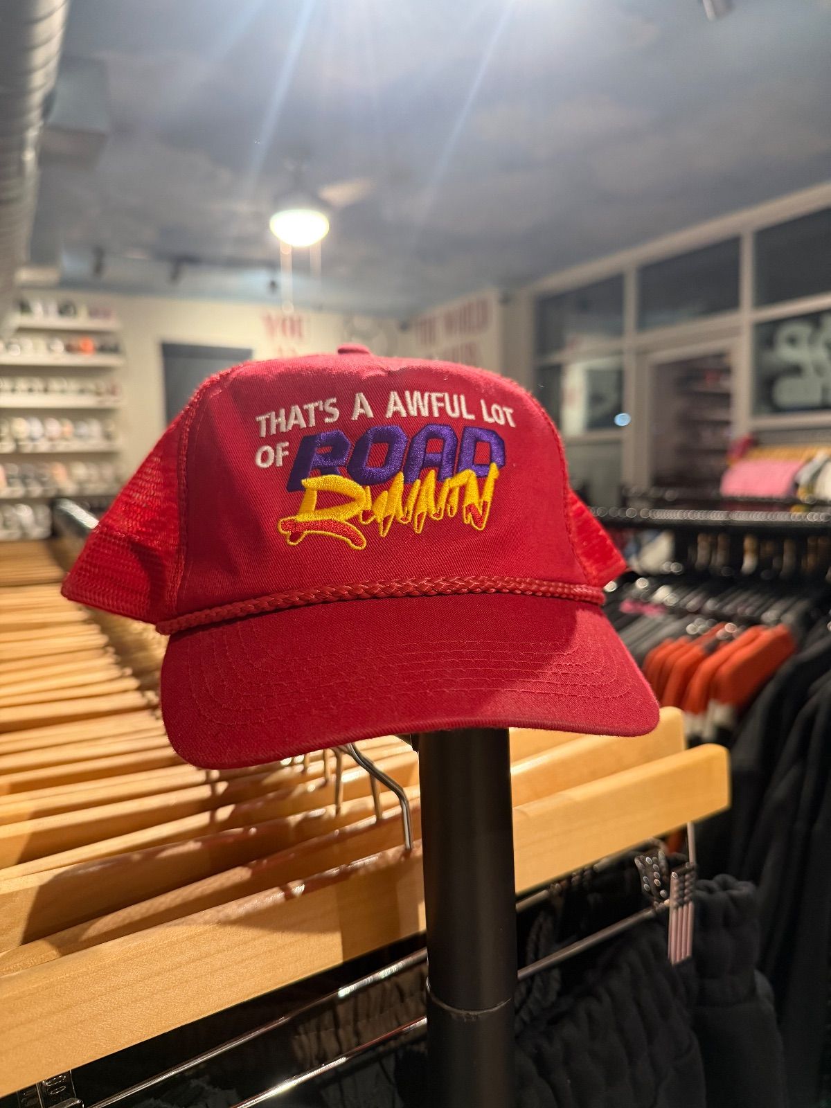 "That's a Awful Lot of Roadrunnin" trucker hat Red